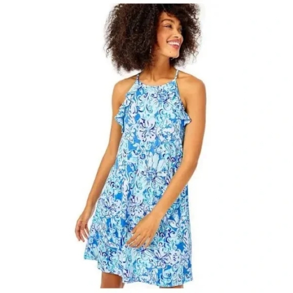 Lilly Pulitzer Billie Suns Out Funs Out Blue Floral Ruffle Sleeveless Dress L